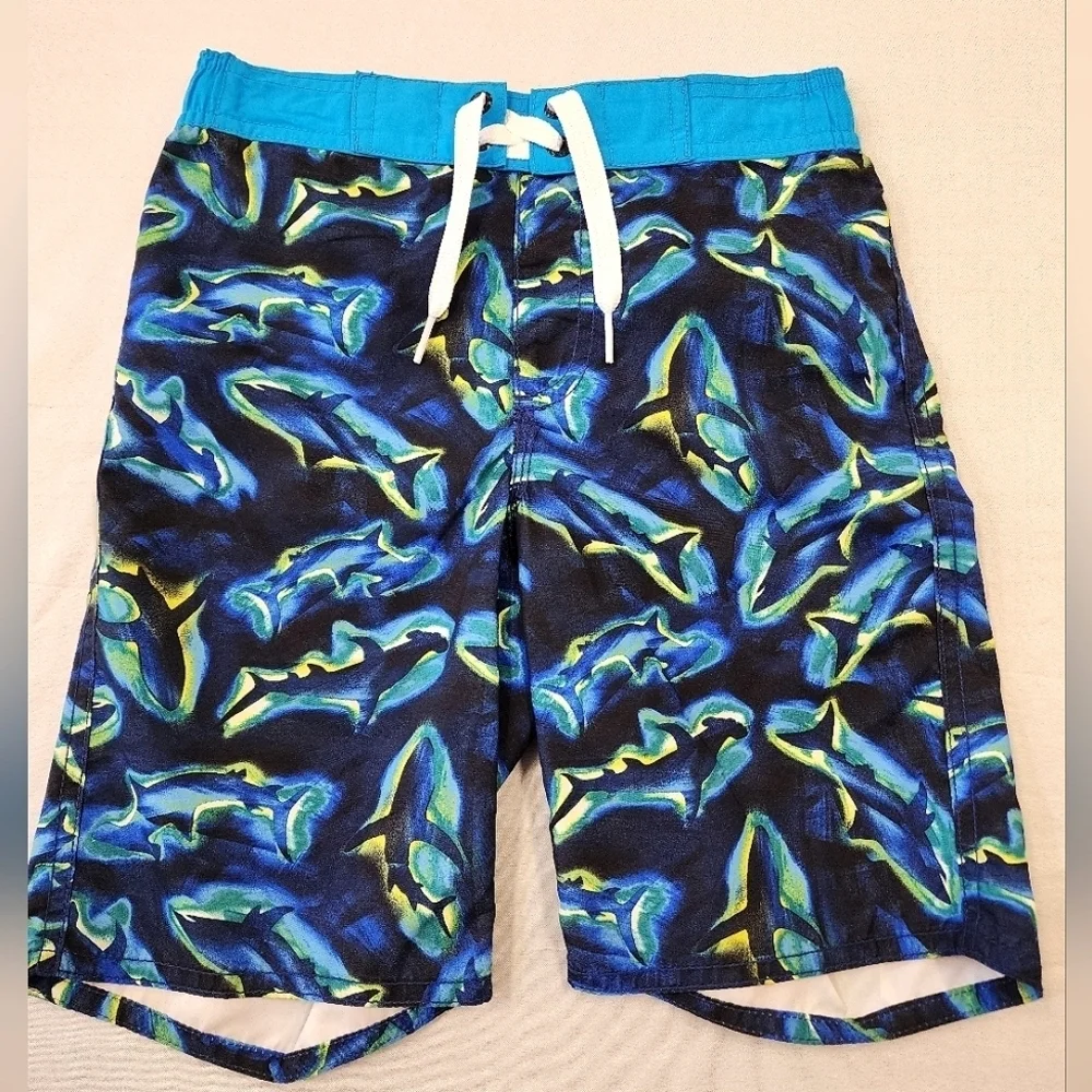 Old Navy Boys Shark Print Swim Trunks Blue Green Size 6